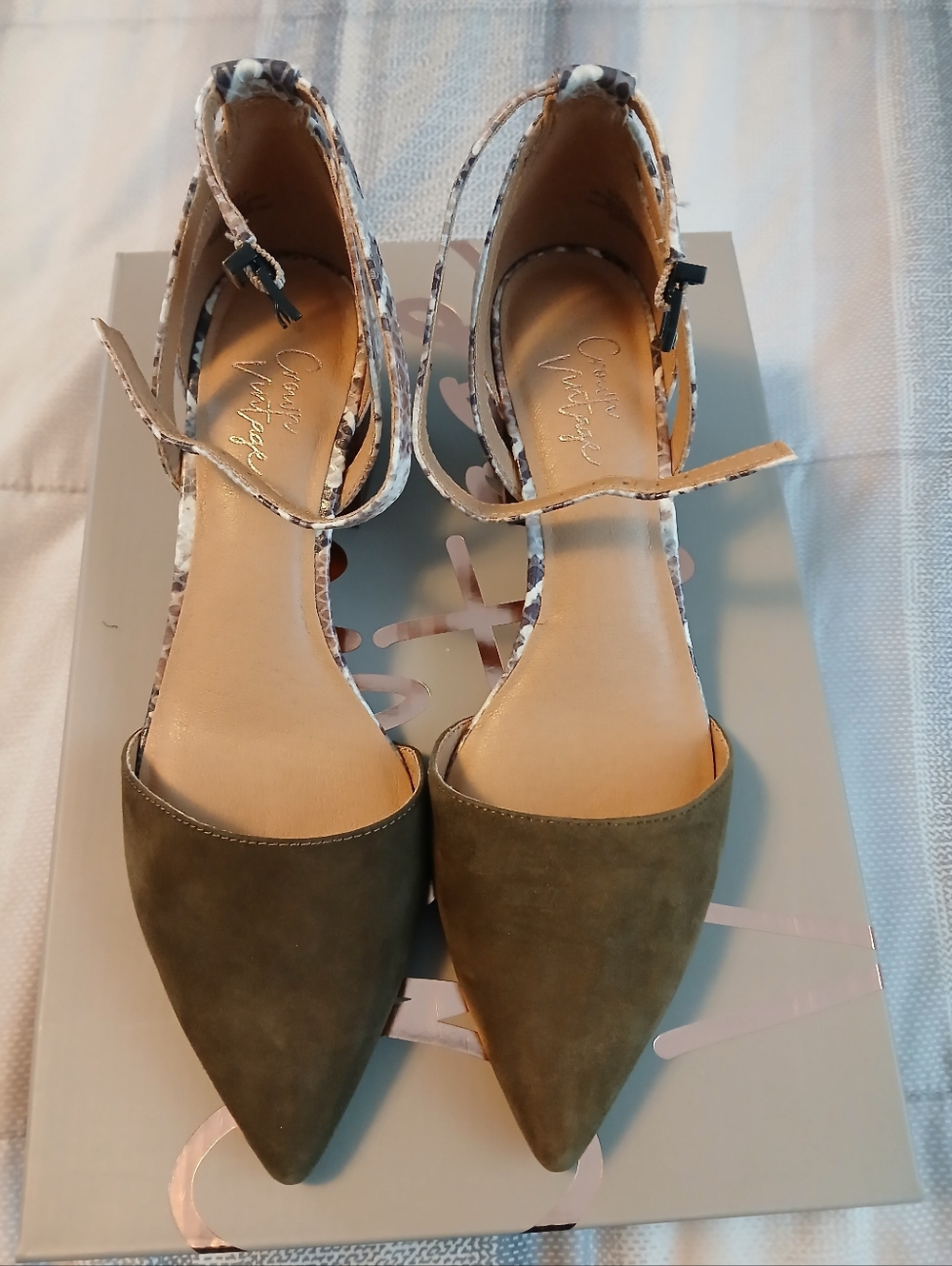Crown Vintage Olive Pointed-Toe D'Orsay Flats with Ankle Strap